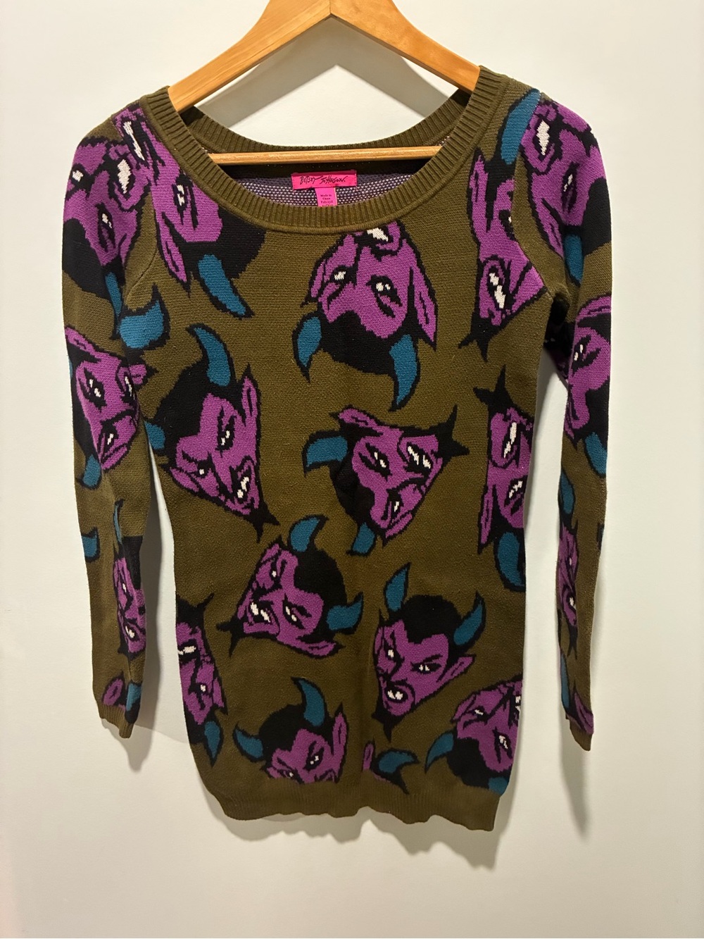 VTG BETSEY JOHNSON DIABLO DEVIL PRINT SWEATER DRESS GREEN/PURPLE SIZE S
